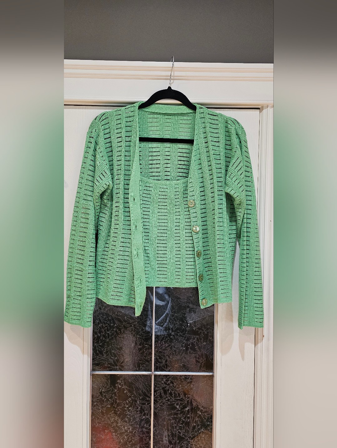 Vintage Green Open-Knit Cardigan And Tank Set